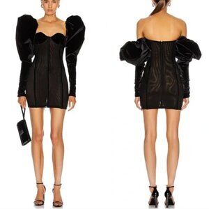 LaQuan Smith Off The Shoulder Dress Sheer Puff Sleeve Velvet Black Mini S
